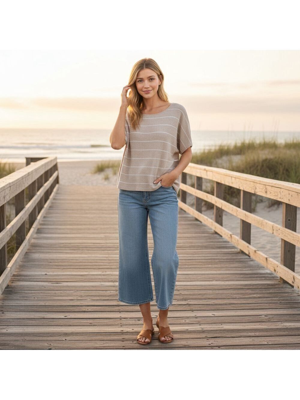 Max Studio women Natural linen striped top hi-low M Grandmacore Quiet Luxury